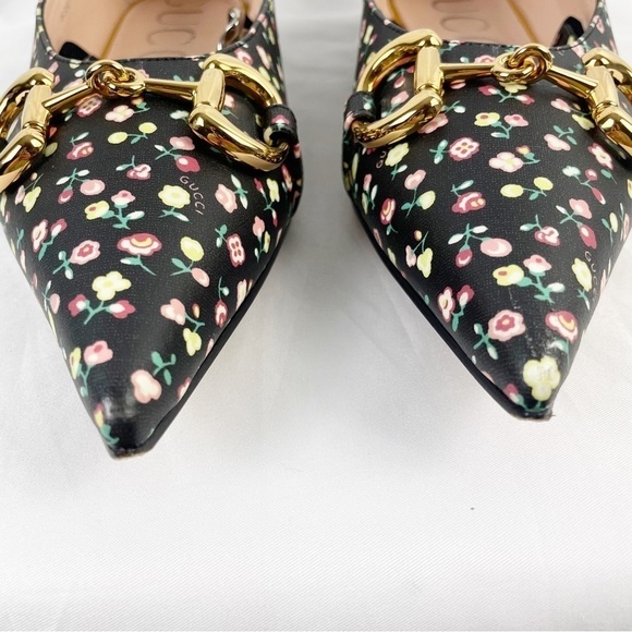 Gucci x Liberty Floral Pointed Toe Horse Bit Chain Mary Jane Flats Black Size 40 - Picture 3 of 11